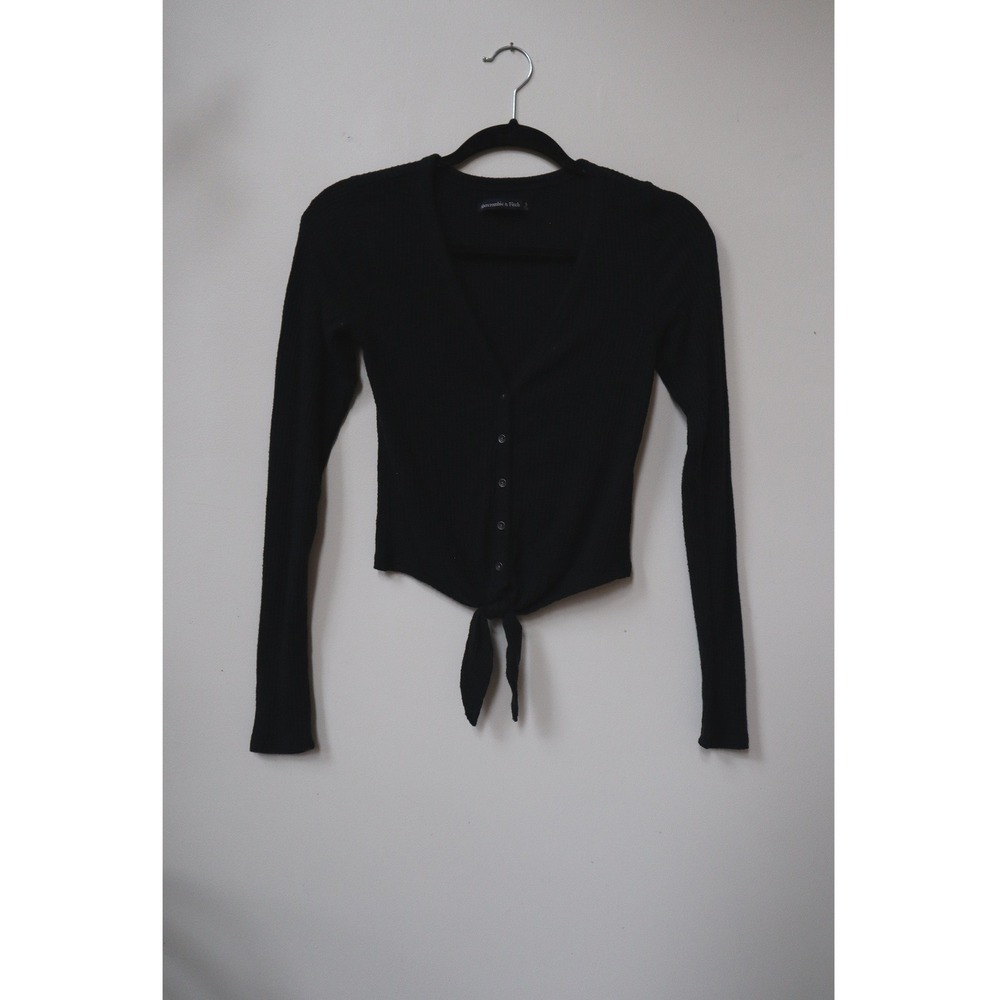 Abercrombie & Fitch Black Ribbed Tie Front Button Up Long Sleeve Top Small